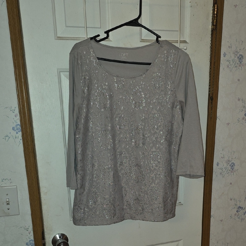 LOFT Gray Blouse with Lace Accents
